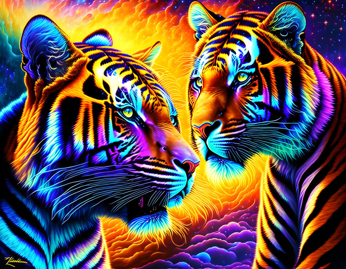 Colorful Psychedelic Tiger Illustration on Starry Background