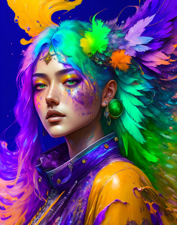 Colorful digital artwork of a person with blue hair, feathers, face paint, and jewelry