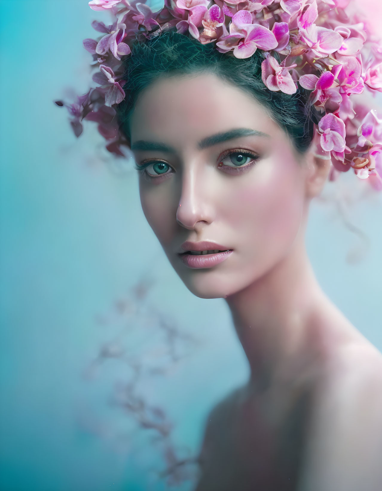 Serene woman with floral headpiece on soft blue background