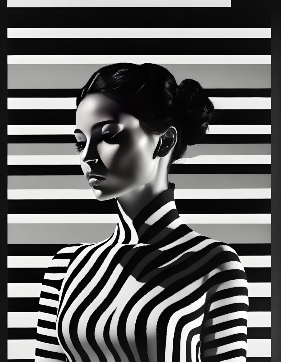 Monochrome art: Woman with bun hairstyle in striped background