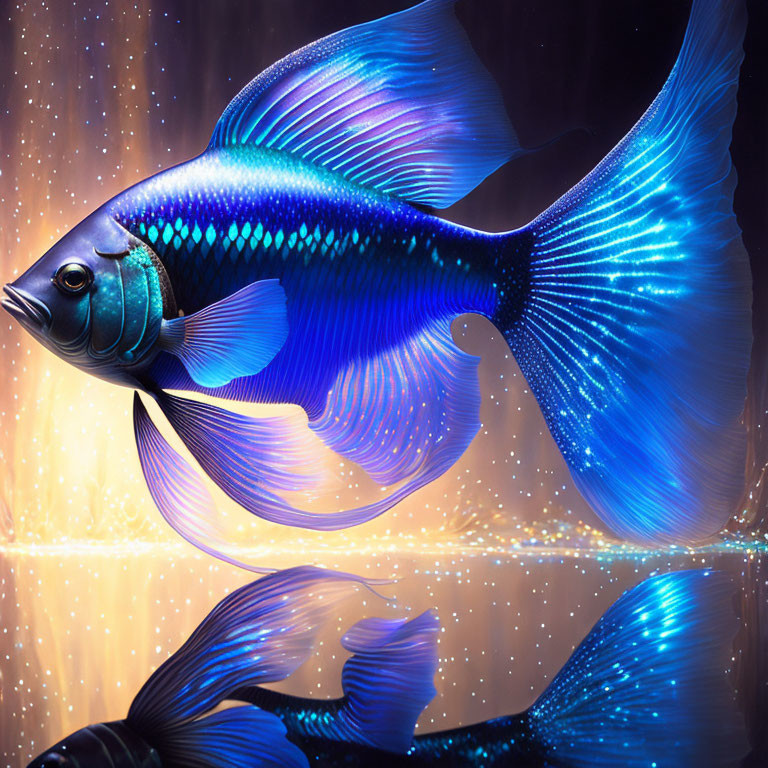 Colorful digital artwork: Blue fish with luminous scales swimming in starry underwater scene