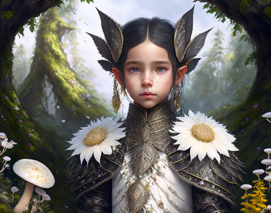 Child with dark hair in golden and black headdress in forest with white flowers.