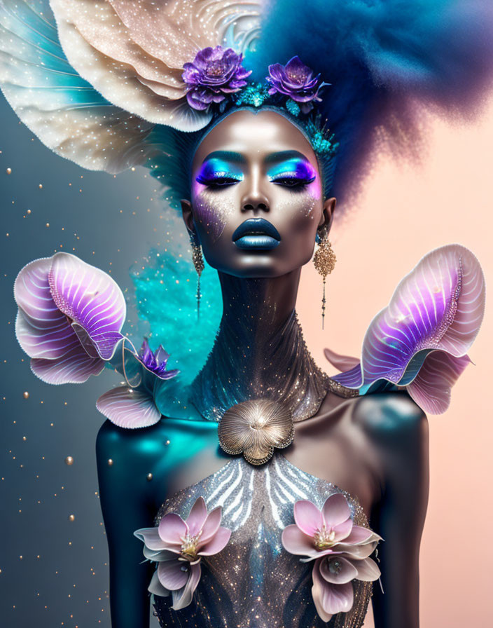 Model with vibrant blue makeup and floral headdress in surreal portrait