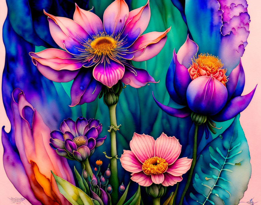 Colorful Flower Painting with Purple and Pink Flowers on Blue and Purple Watercolor Background