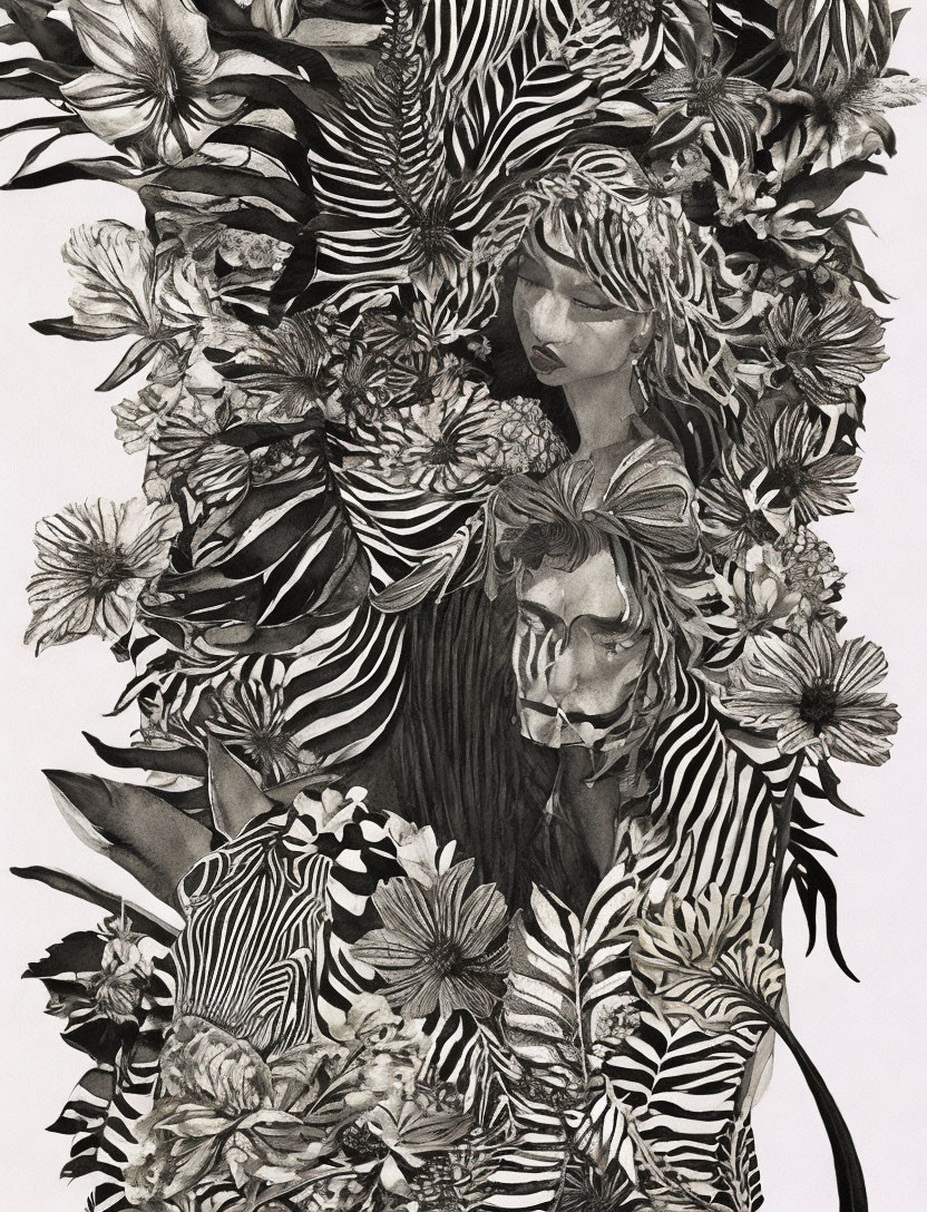 Monochromatic artwork: Silhouette merged with floral patterns