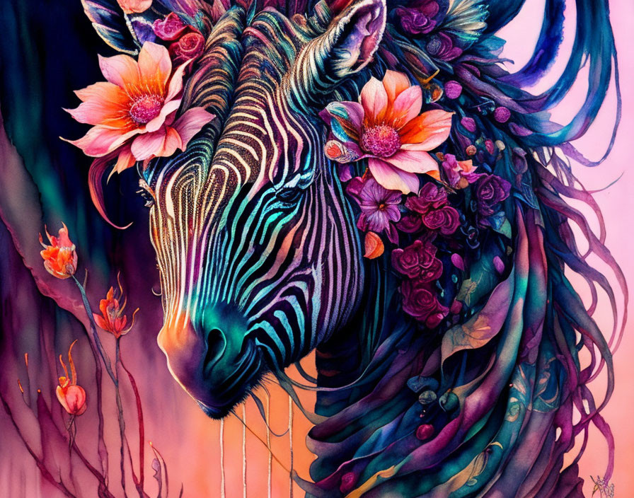 Colorful Zebra Artwork with Purple Leaves and Pink Flowers on Pink Background