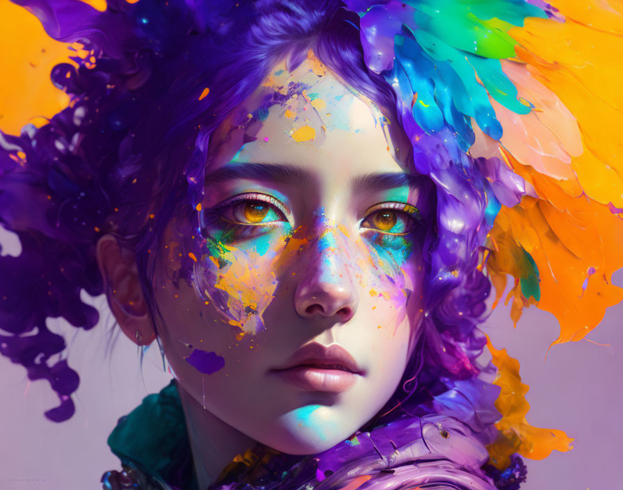 Colorful Portrait with Fluid Shapes and Vibrant Paint Splashes