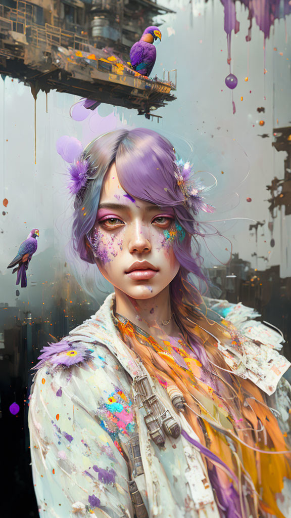 Violet-haired woman with flowers and parrots in colorful digital artwork