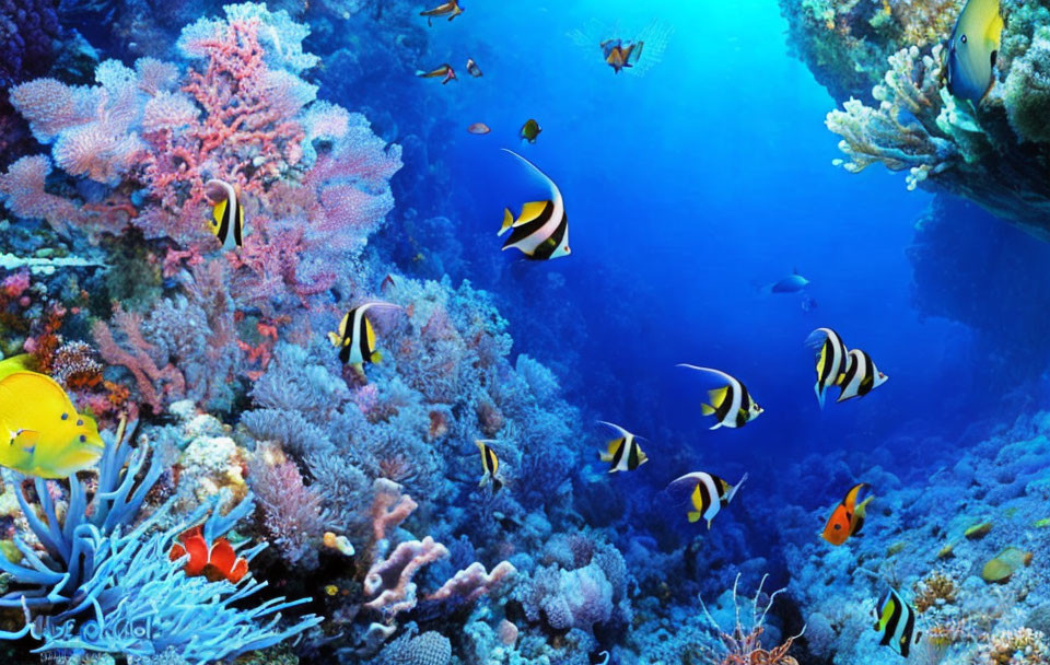 Colorful Coral and Tropical Fish in Vibrant Underwater Scene