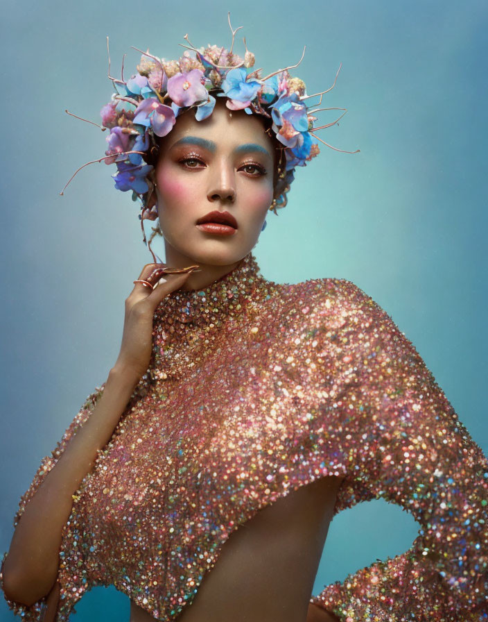 Person in Floral Headpiece with Glittery Attire and Striking Makeup on Blue Background