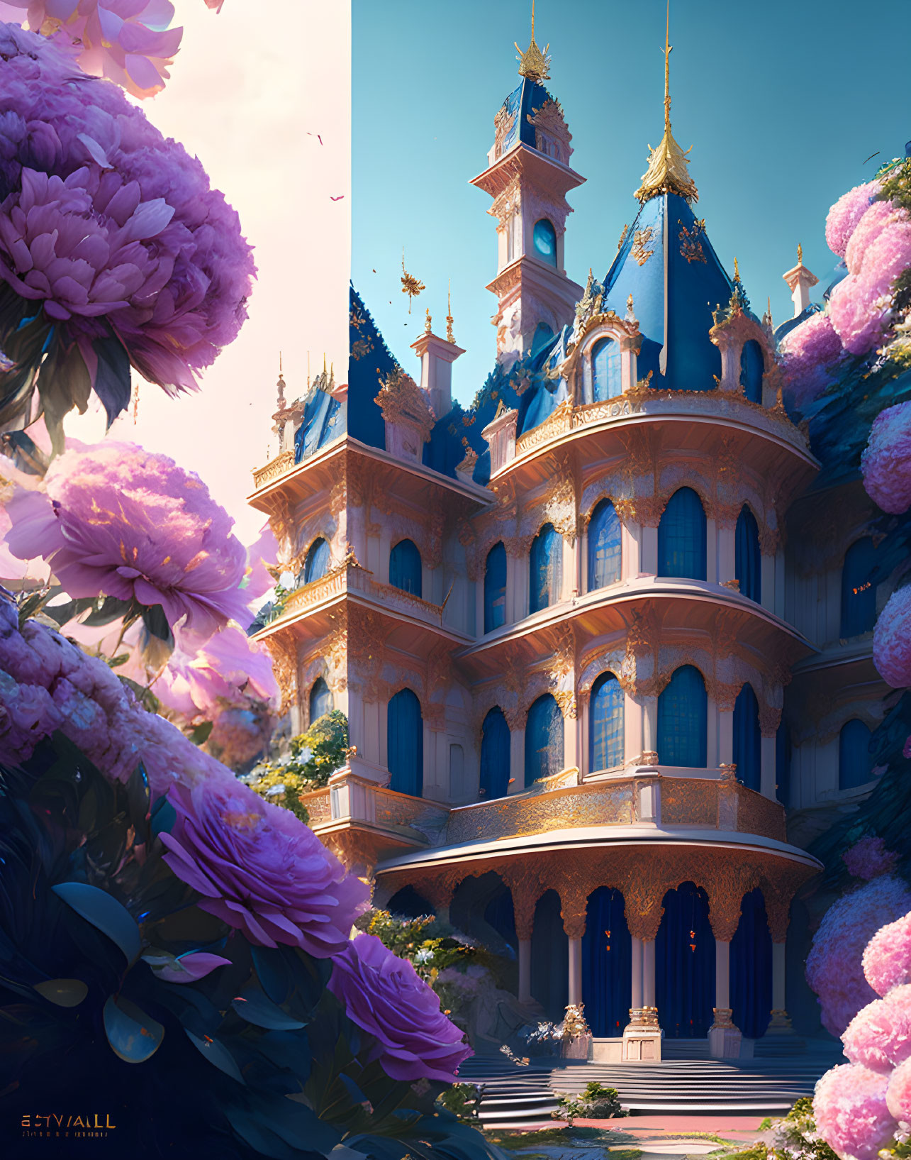 Golden castle surrounded by pink blossoms under blue sky