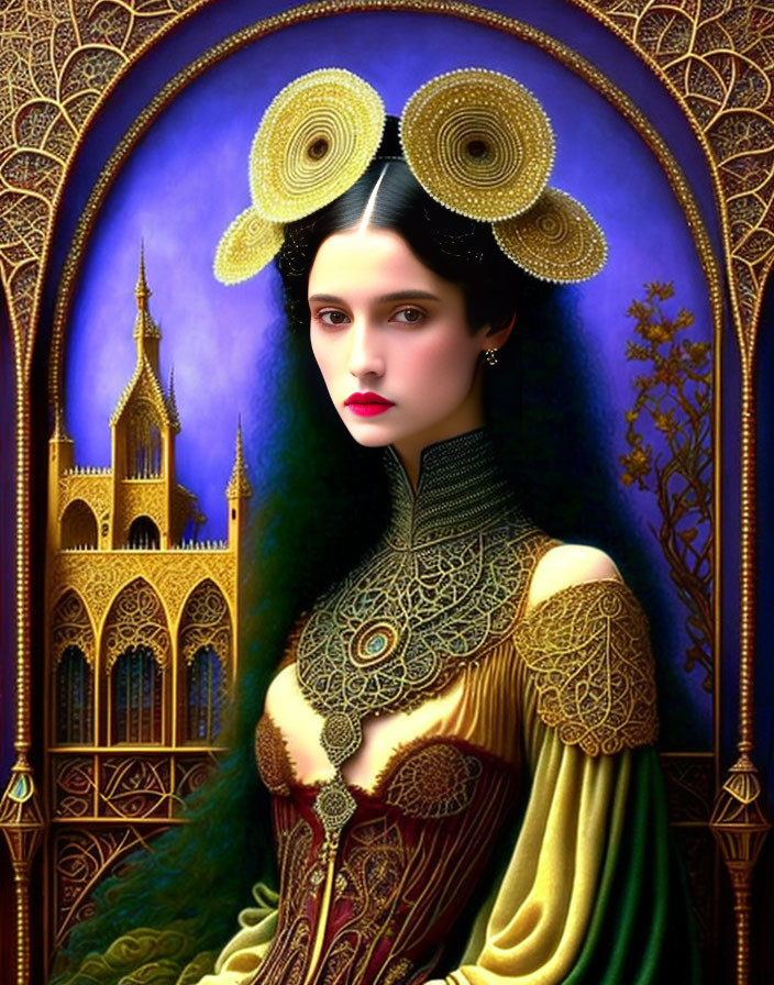 Digital artwork of pale woman with dark hair in gold headdresses against gothic backdrop