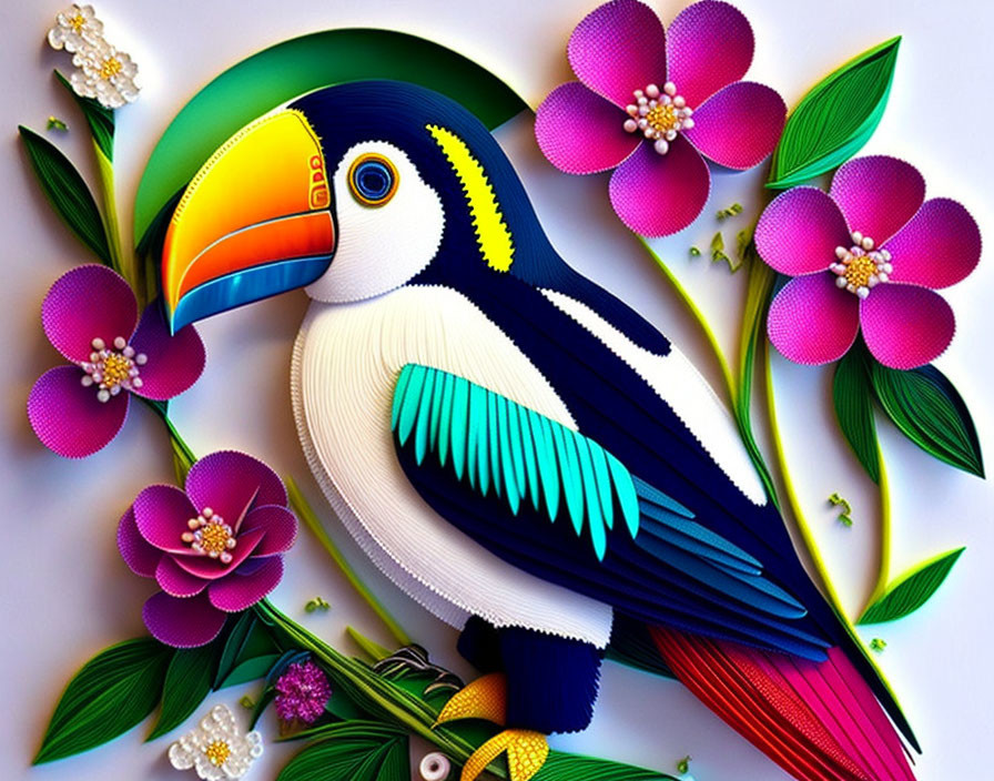 Colorful Toucan Illustration with Tropical Flowers in Paper Art Style