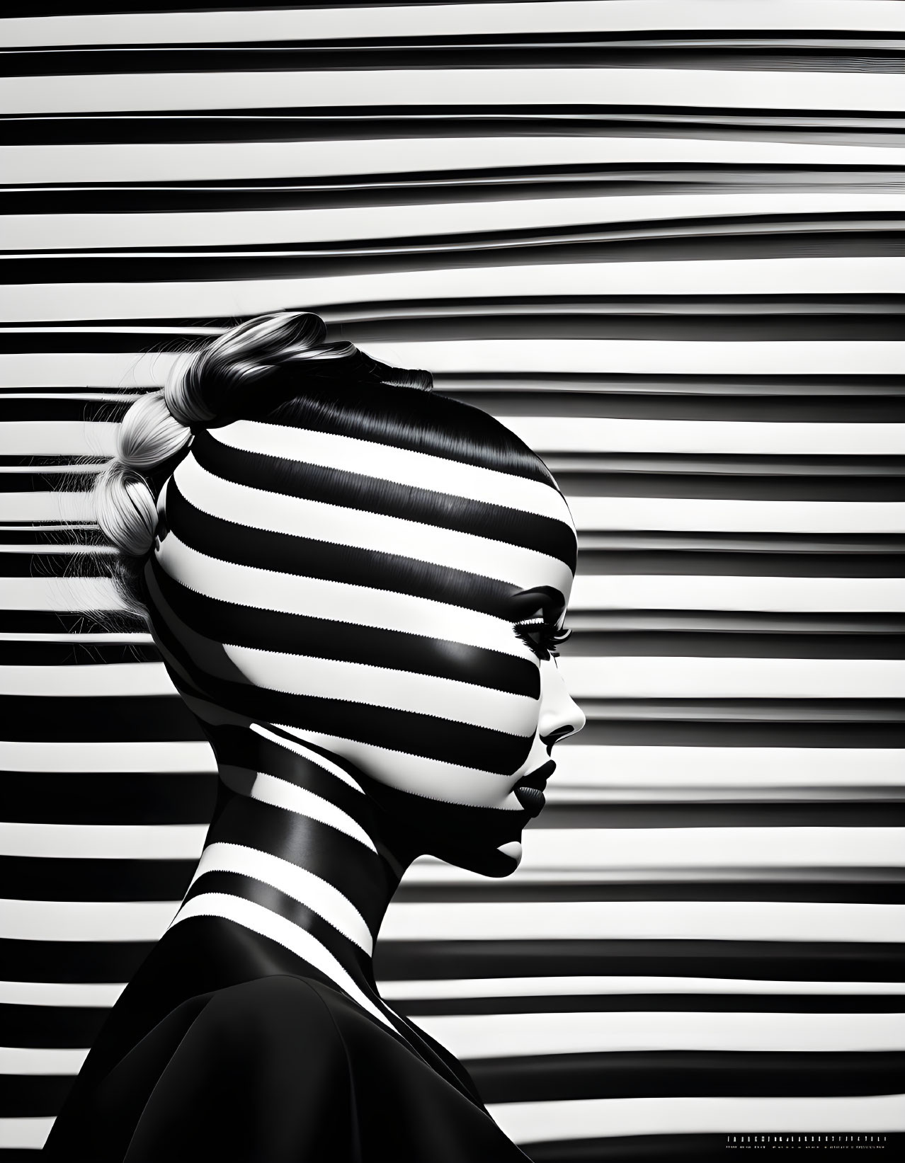 Woman with Black and White Striped Body Paint Against Matching Background