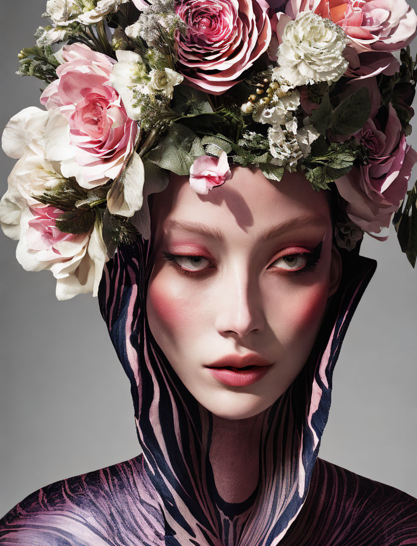 Artistic makeup portrait with floral headpiece on grey background