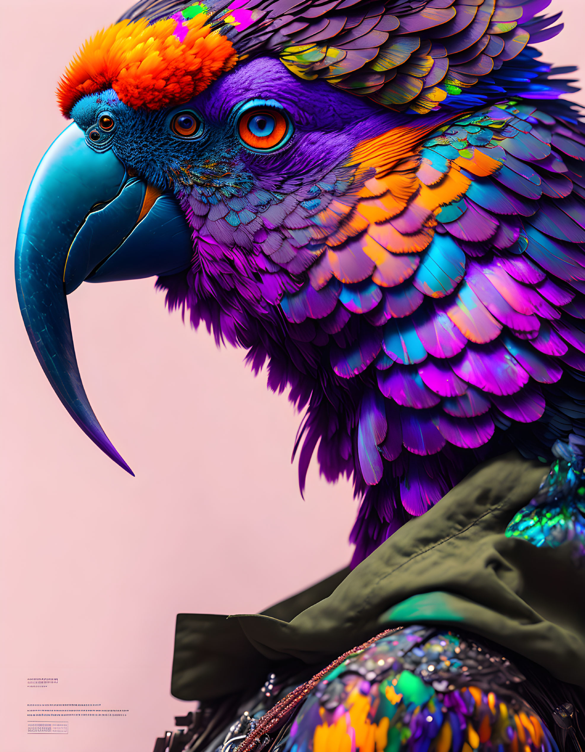 Colorful Parrot Portrait with Blue Beak and Textured Plumage on Pink Background