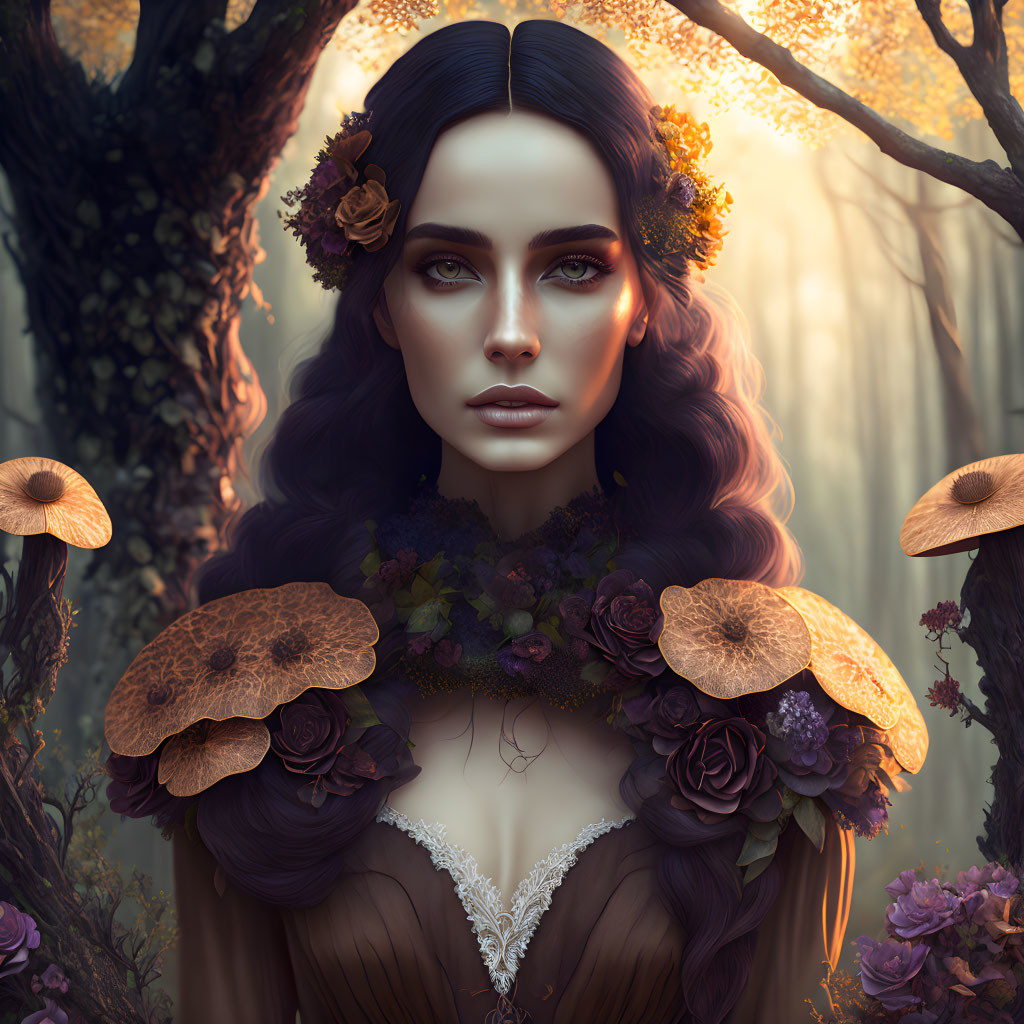 Dark-Haired Woman Portrait with Floral Adornments in Mystic Forest Setting