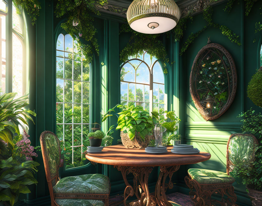 Indoor space with round wooden table, ornate chairs, hanging plants, large arched windows