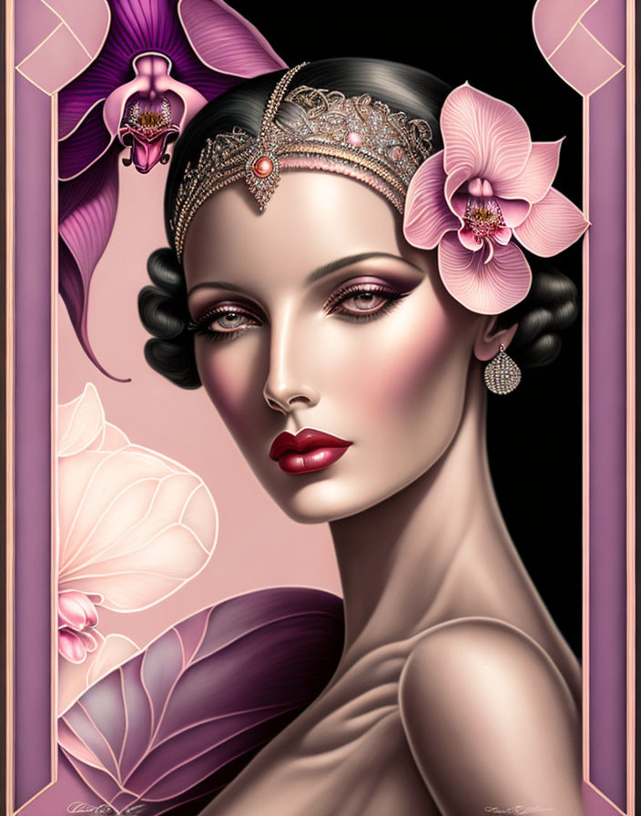 Illustration of woman with stylized features in headpiece and earrings, surrounded by pink orchids