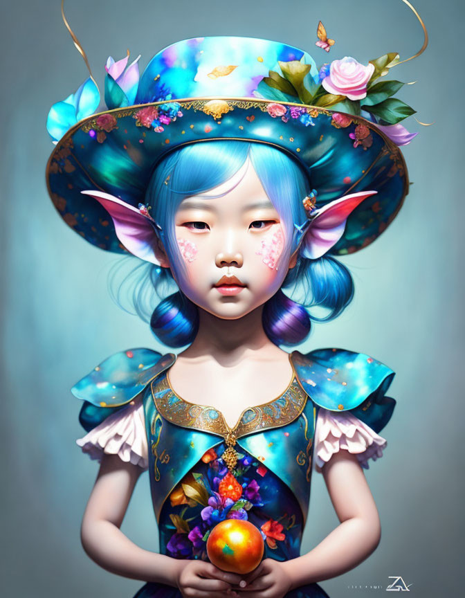 Fantasy character digital illustration with blue hair and elf-like ears holding an orange orb