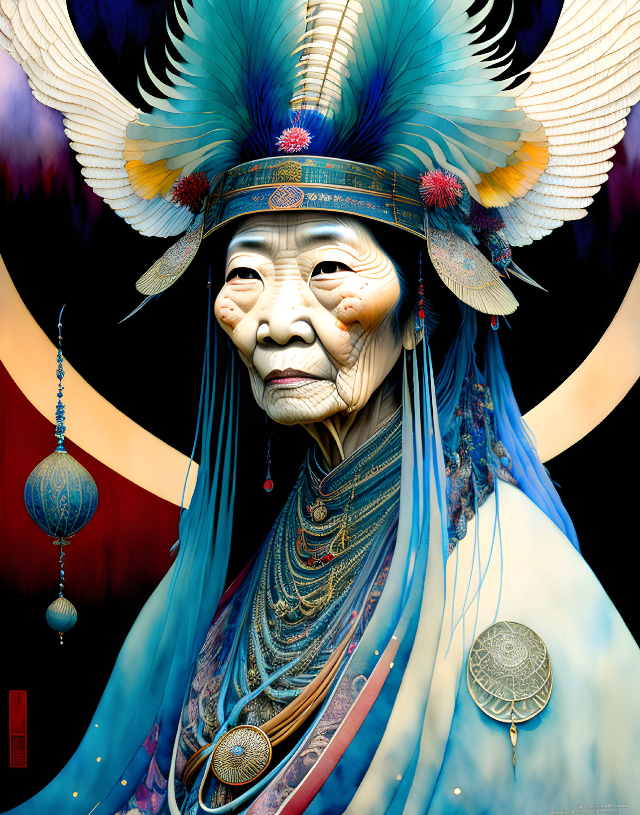 Elder portrait with traditional headdress and ornate jewelry on black background