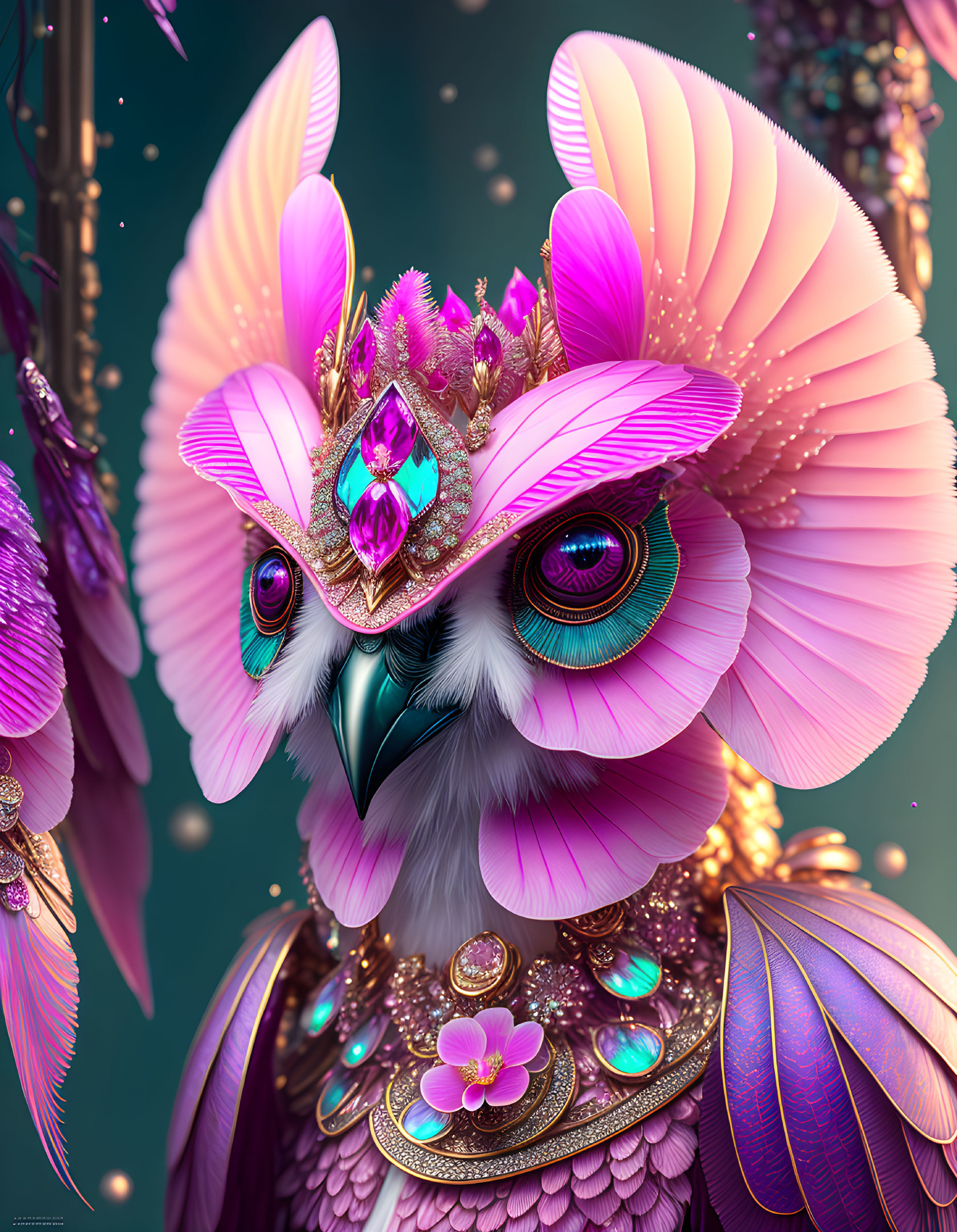 Colorful anthropomorphic bird with jeweled crown and gold jewelry