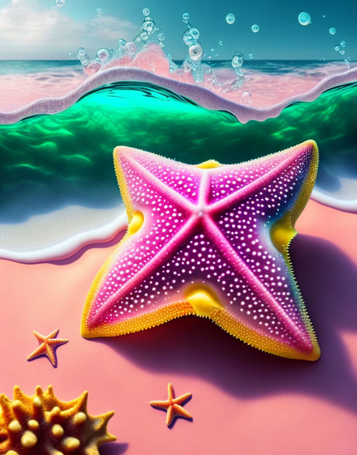 Colorful Starfish on Beach with Clear Waters and Bubbles