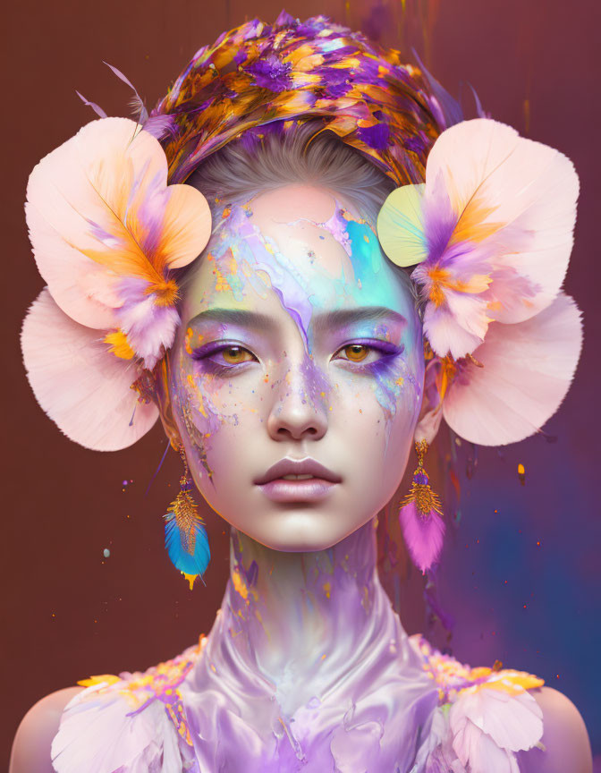 Vibrant floral-inspired makeup on digital portrait