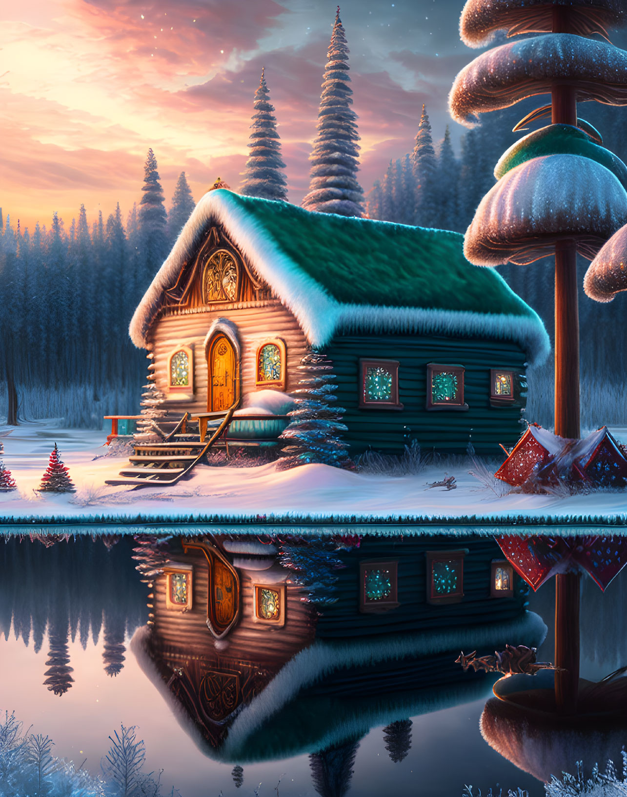 Snow-covered log cabin by still lake in twilight forest