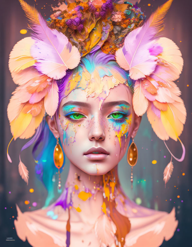 Colorful digital portrait of a woman with feather headdress and paint splatters