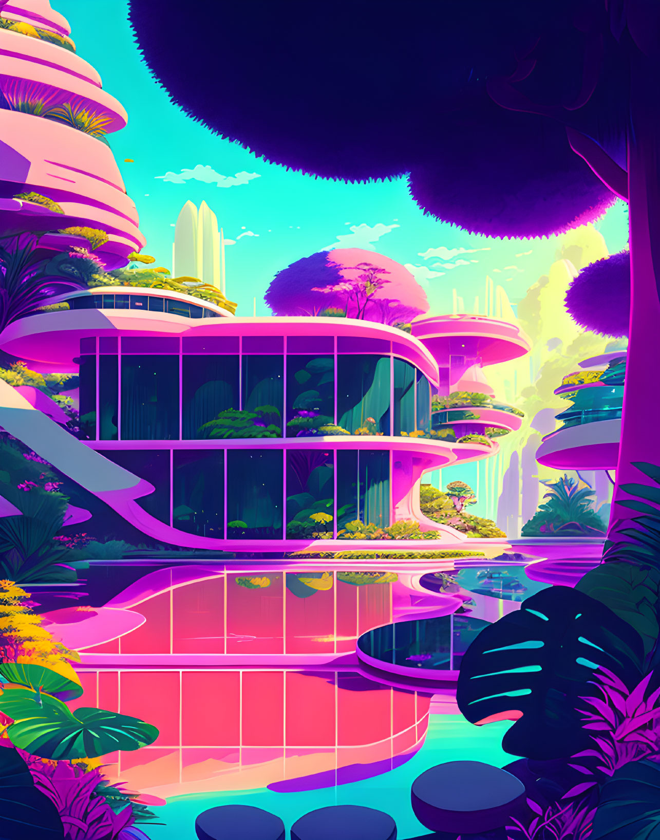 Colorful futuristic building in lush alien landscape