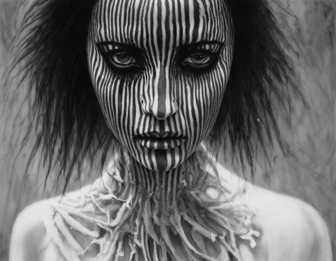 Monochrome portrait featuring person with zebra-like stripe makeup