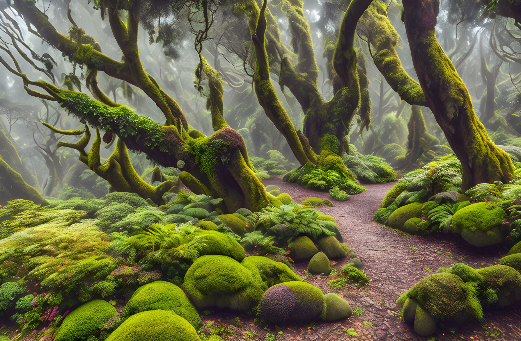 Mystical forest path with moss-covered trees and soft fog