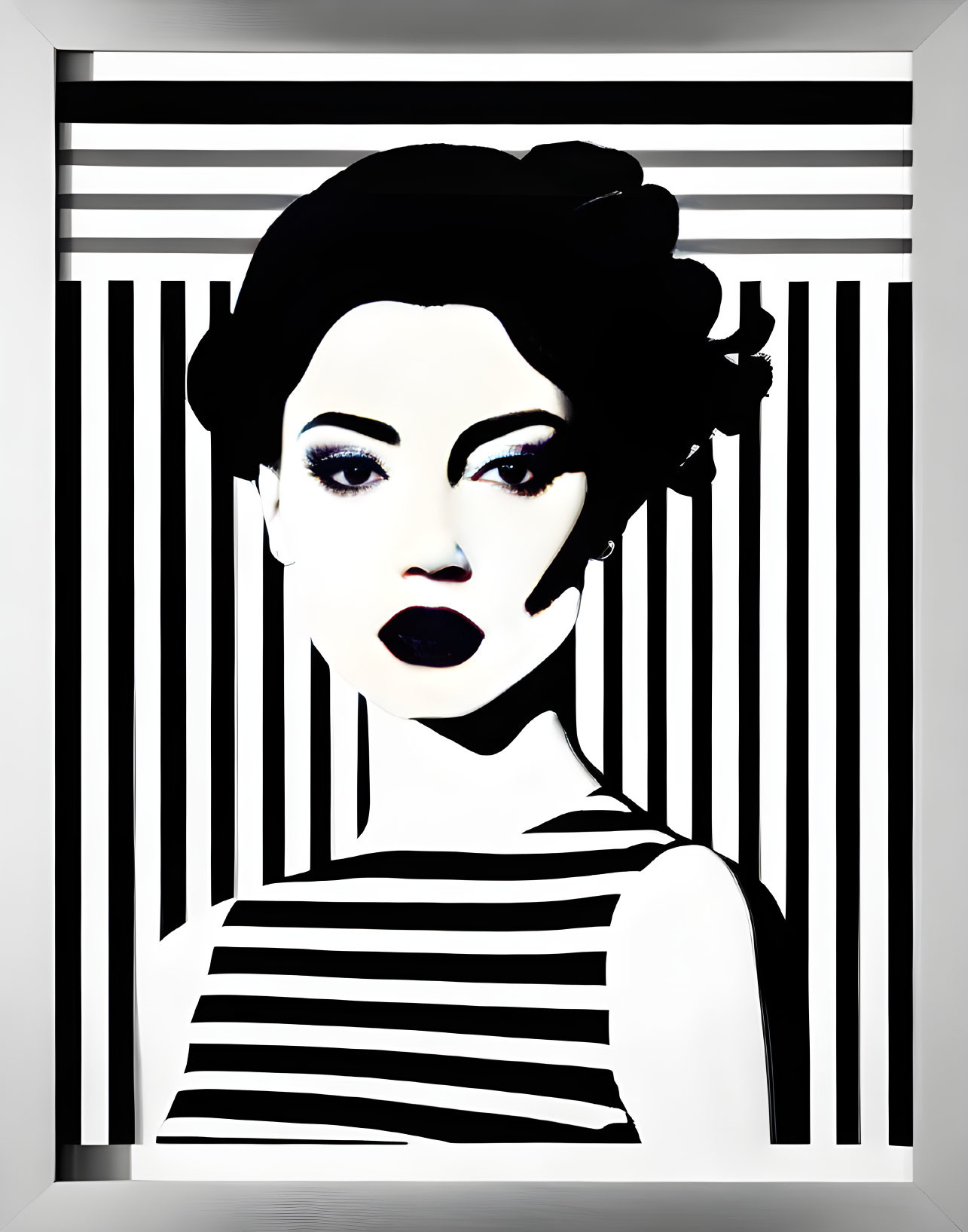 Monochrome portrait of a woman with bold makeup and striped background.