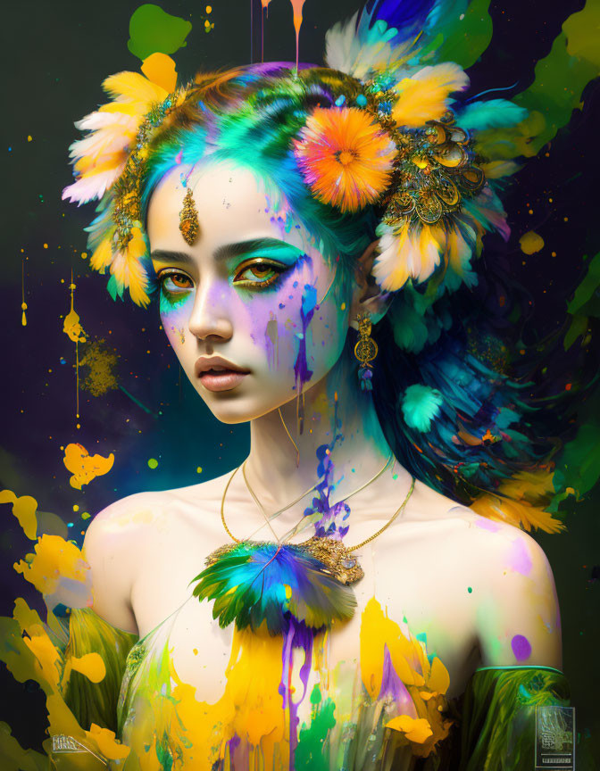 Vibrant paint splatters on person with feather accessories.