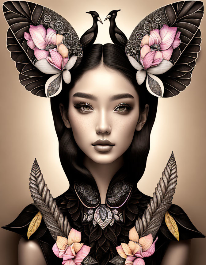 Illustrated portrait of woman with black birds, pink flowers, feathers, intricate design