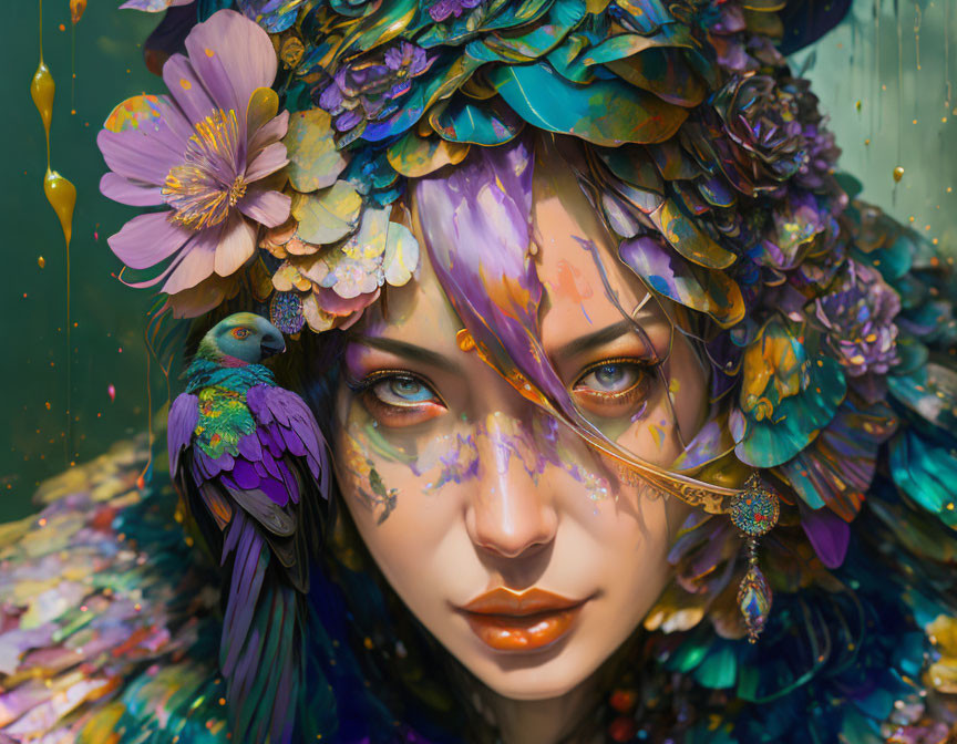 Colorful artwork of woman with flower headdress and bird, intricate paint details