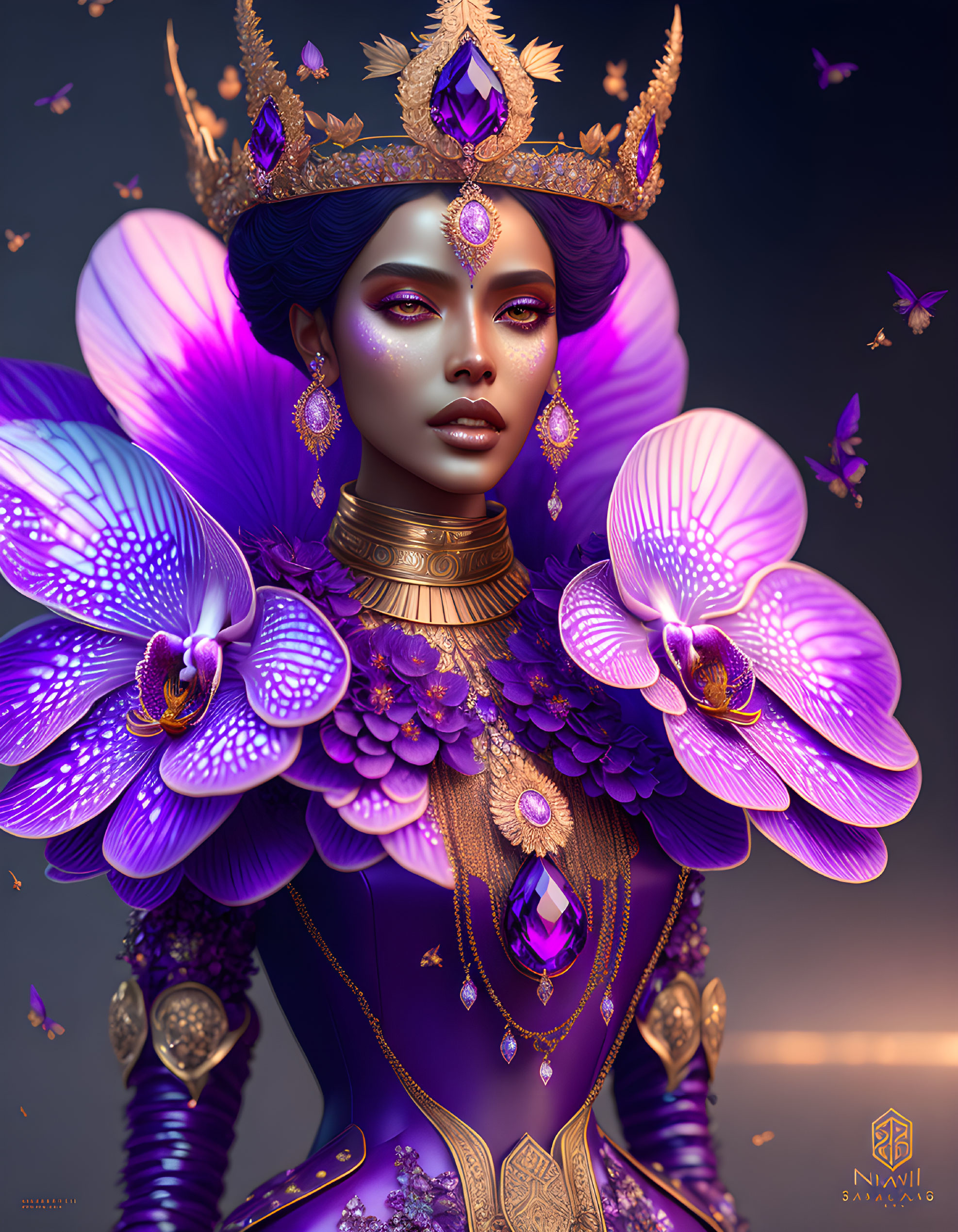 Dark-skinned woman in purple and gold dress with orchid motifs and ornate crown.