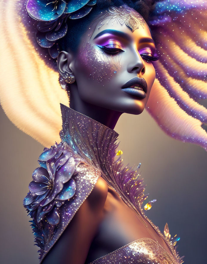 Colorful portrait with glitter makeup and floral shoulder adornment