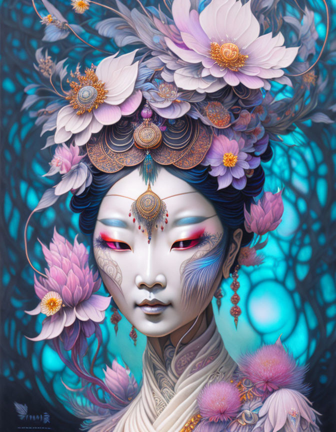 Detailed illustration of serene woman with floral headgear and jewelry in cool-toned backdrop