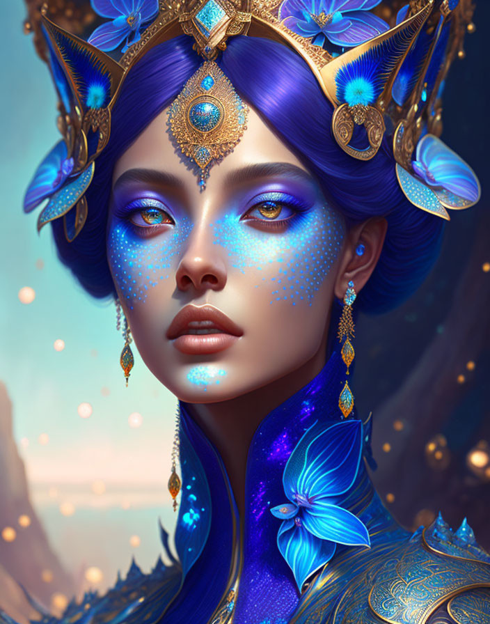 Blue-skinned woman with golden crown and armor in fantastical portrait