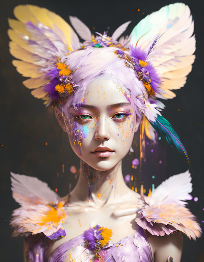 Fantasy figure with purple and white hair, adorned with feathers and flowers on dark background