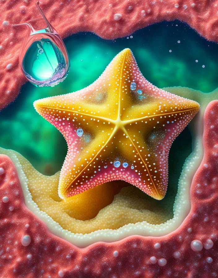 Colorful Underwater Scene with Starfish, Coral, and Boat Droplet