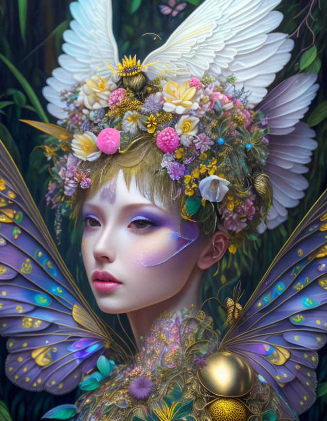 Colorful fairy with butterfly wings and floral crown in a mystical setting