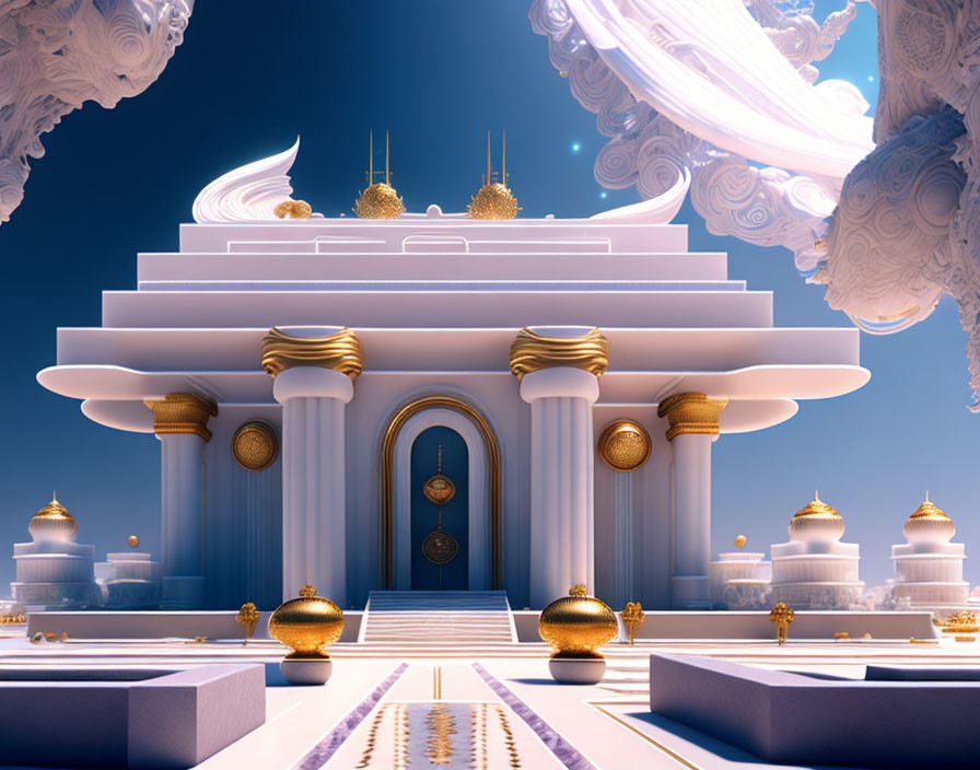 Ethereal palace with golden accents against heavenly clouds