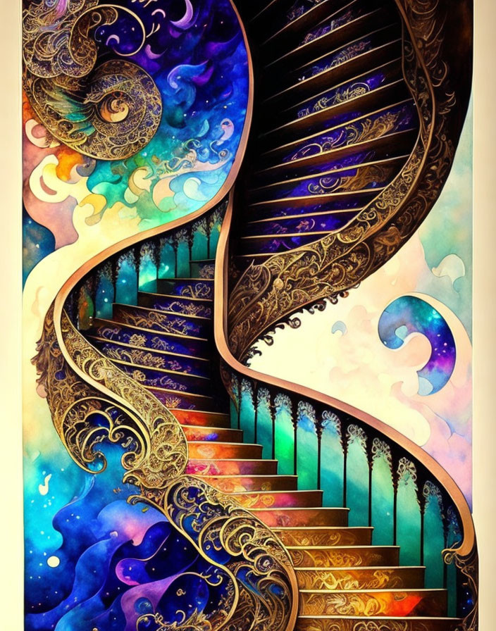 Spiraling staircase with golden patterns on cosmic background