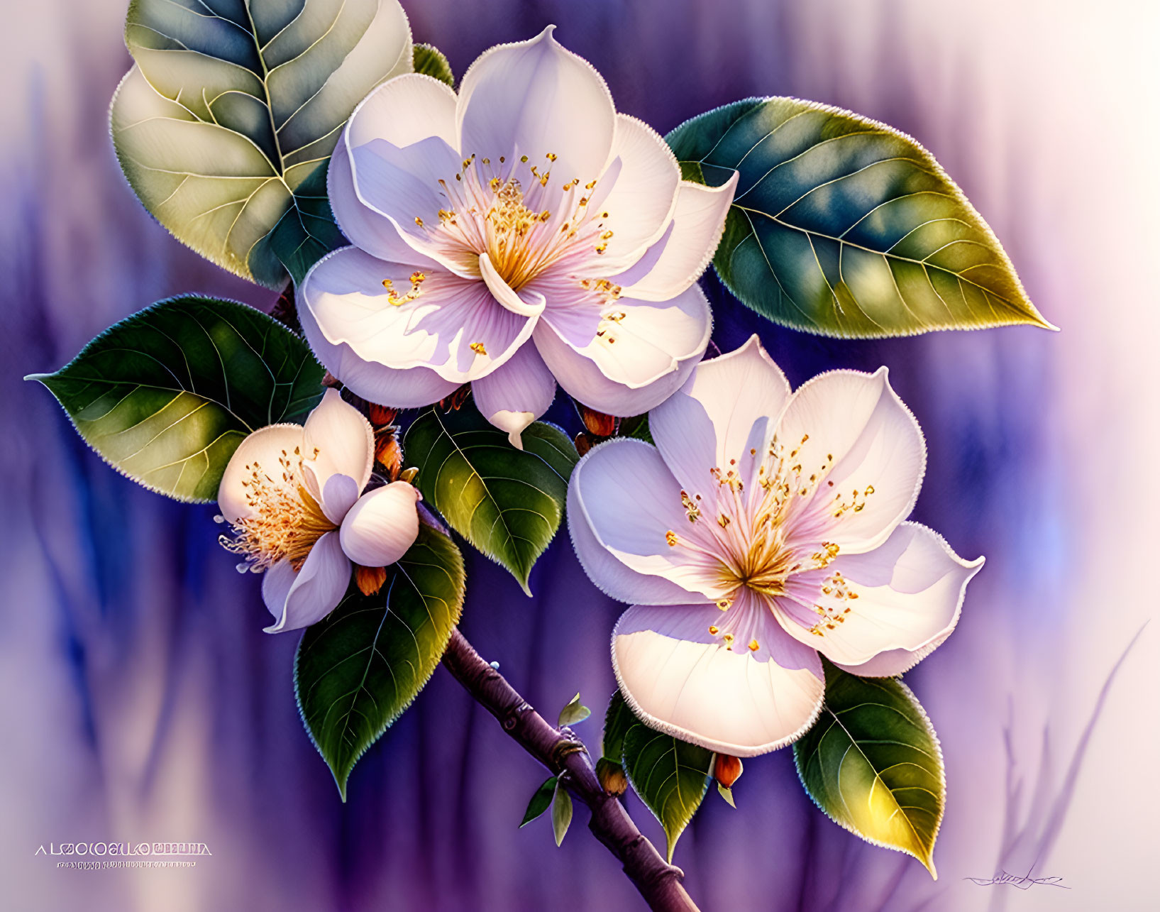 Delicate white flowers with yellow stamens on green leaves against blue and purple backdrop