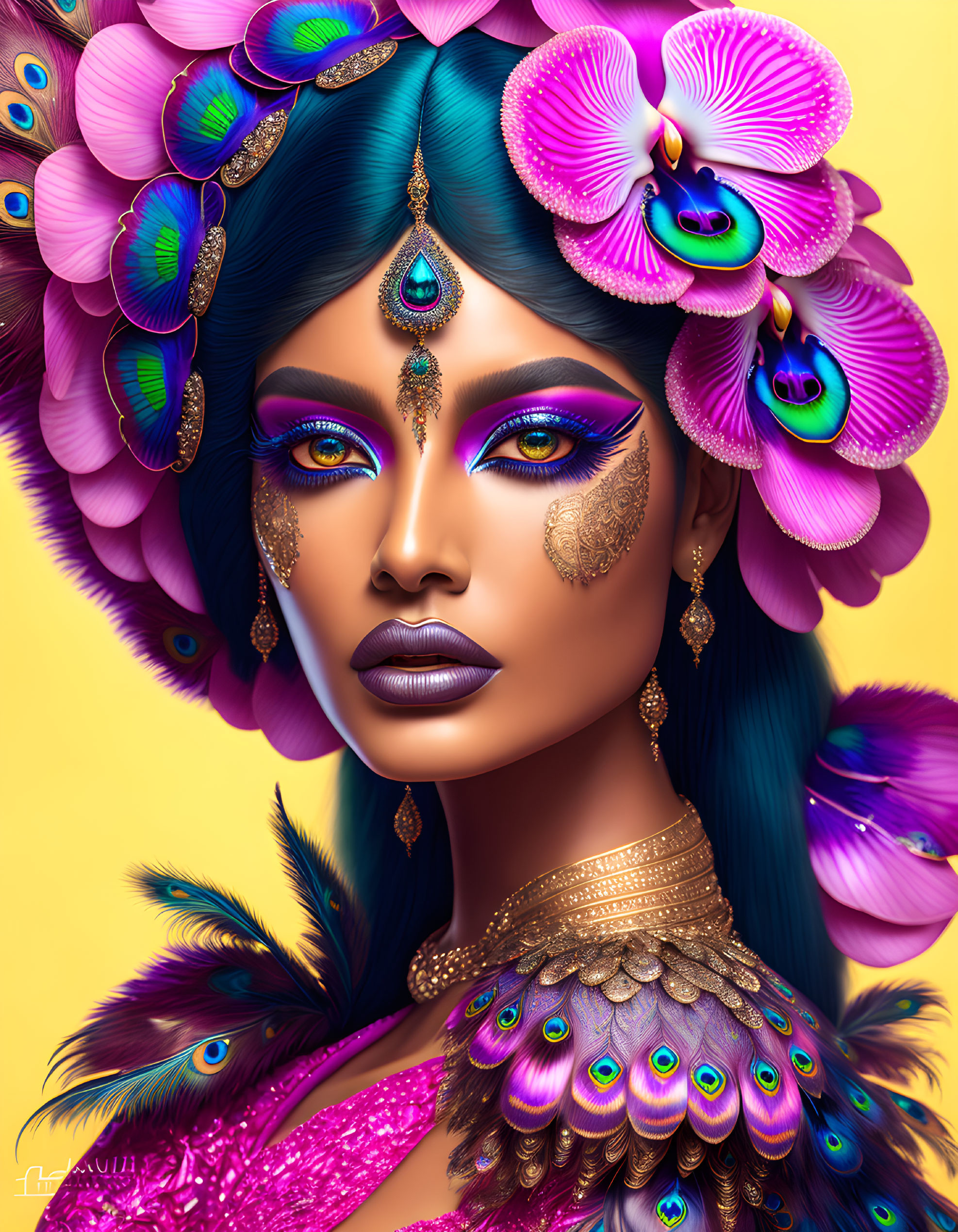 Digital illustration: Woman with blue hair, peacock feathers, purple flowers, gold jewelry, bold makeup