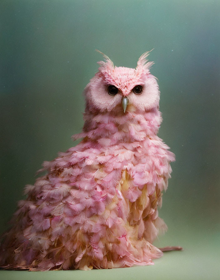 Pink owl with fluffy feathers and yellow eyes on green background