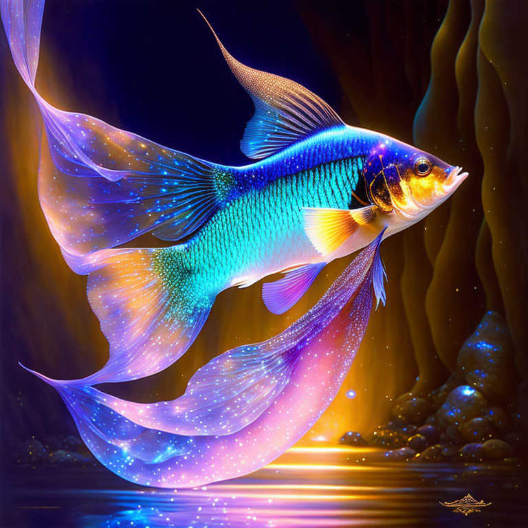 Celestial-themed fish with glowing cosmic pattern in dark aquatic setting